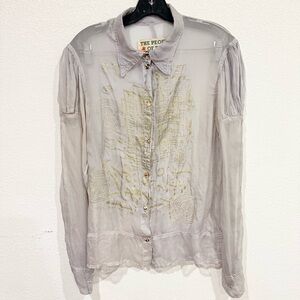 The People Of The Labyrinths 100% Silk Button Down Long Sleeve Sheer Blouse